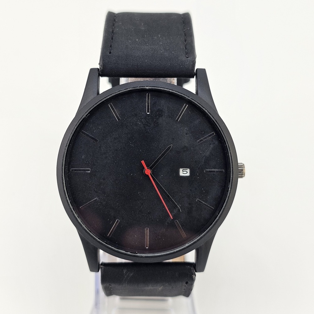 Men's Analog Watch 45MM Black Dial‎ Date Black Faux Leather Bands New Battery